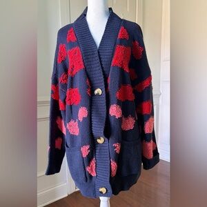 ANDTHEWHY Oversized Textured Cardigan Navy with Pink & Red Abstract Dots M/L